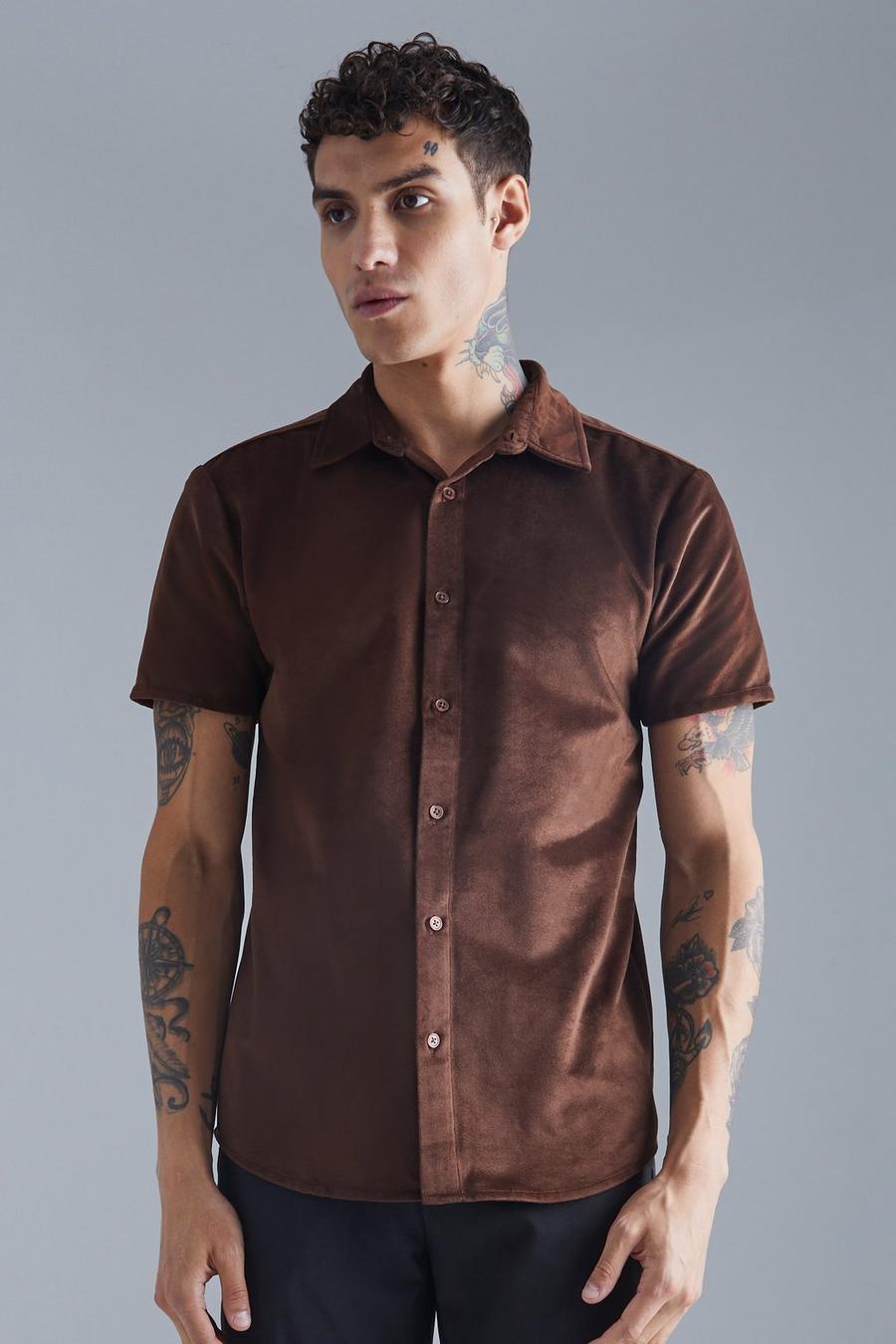 Chocolate Short Sleeve Velour Shirt image number 1