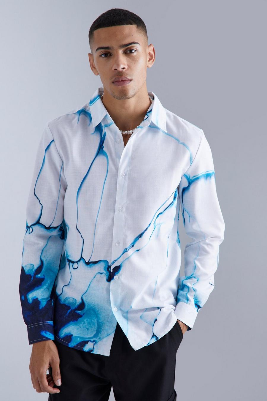 Ecru Long Sleeve Abstract Printed Poplin Shirt