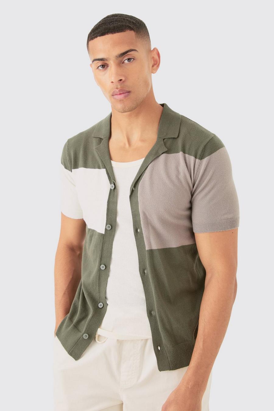 Khaki Gebreid Color Block Overhemd Met Korte Mouwen En Revers Kraag