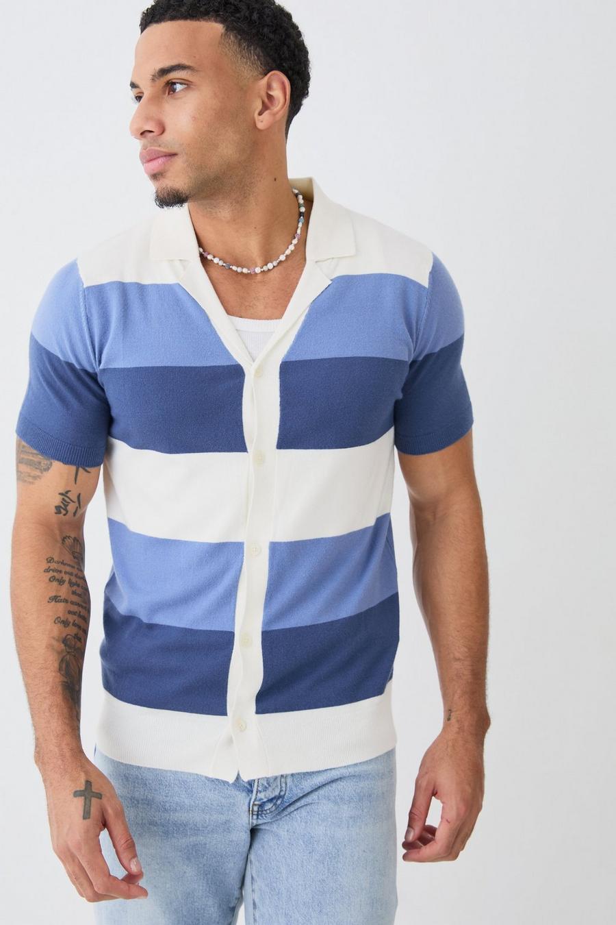 Dusty blue Short Sleeve Revere Stripe Knitted Shirt image number 1