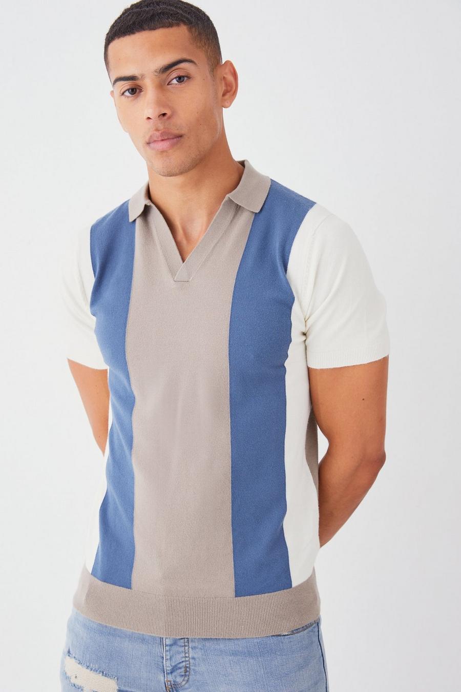Dusty blue Short Sleeve Revere Colourblock Knitted Polo image number 1