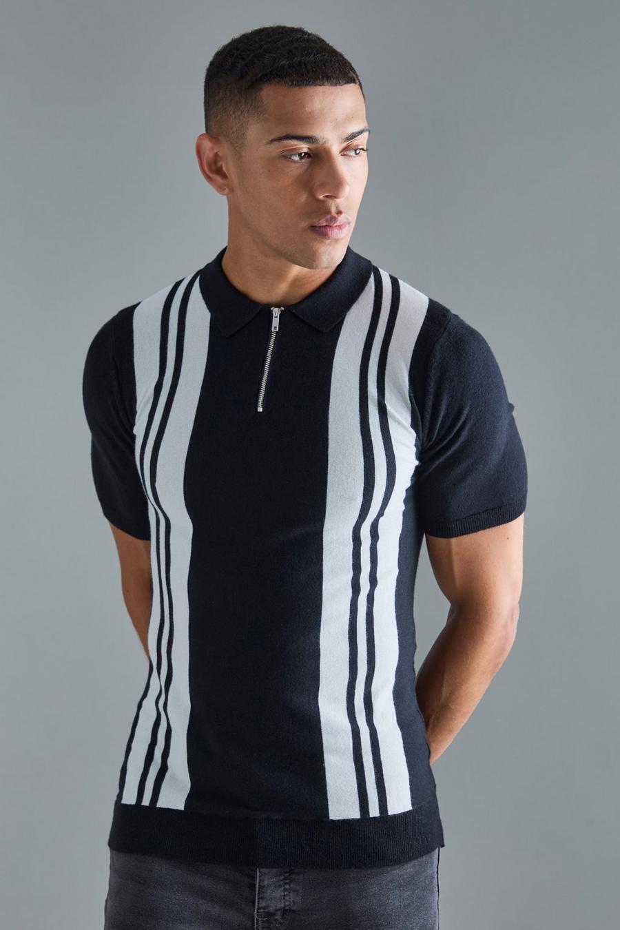 Black Short Sleeve Muscle Fit Stripe Knit Polo image number 1