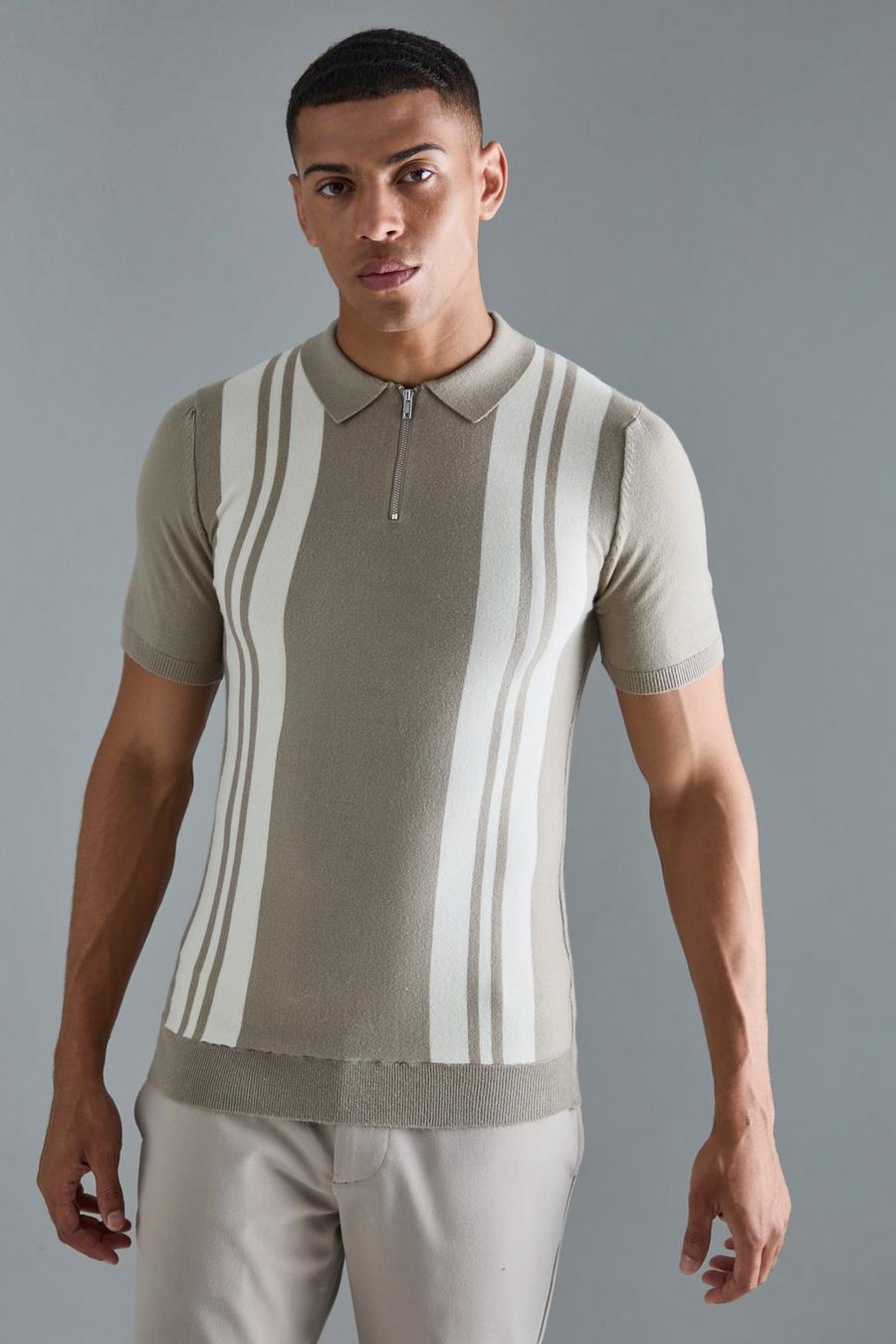 Kurzärmliges Muscle-Fit Poloshirt mit Streifen, Stone