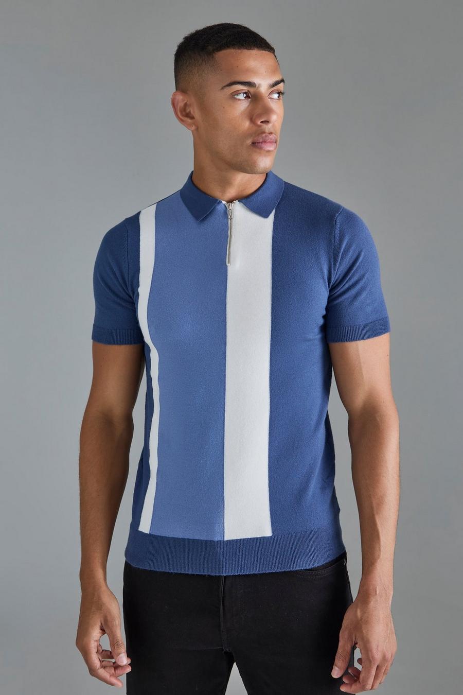 Navy Short Sleeve Regular Fit Colour Block Polo image number 1