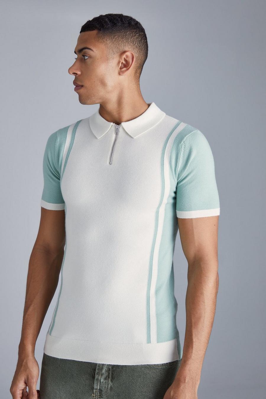 Kurzärmliges Muscle-Fit Colorblock Poloshirt, Sage