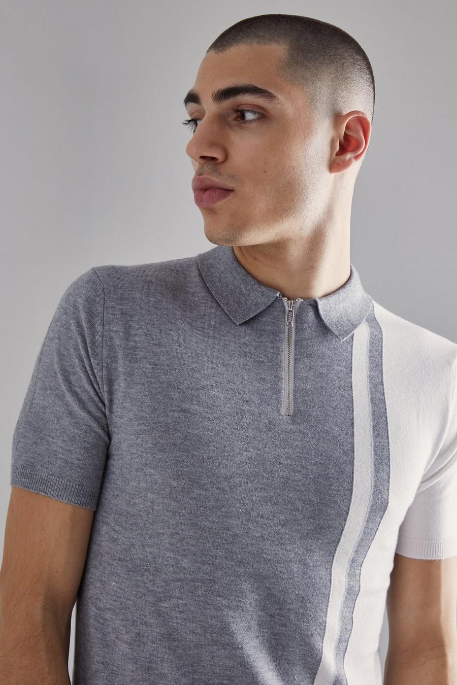 Grey marl Short Sleeve Muscle Fit Colour Block Polo