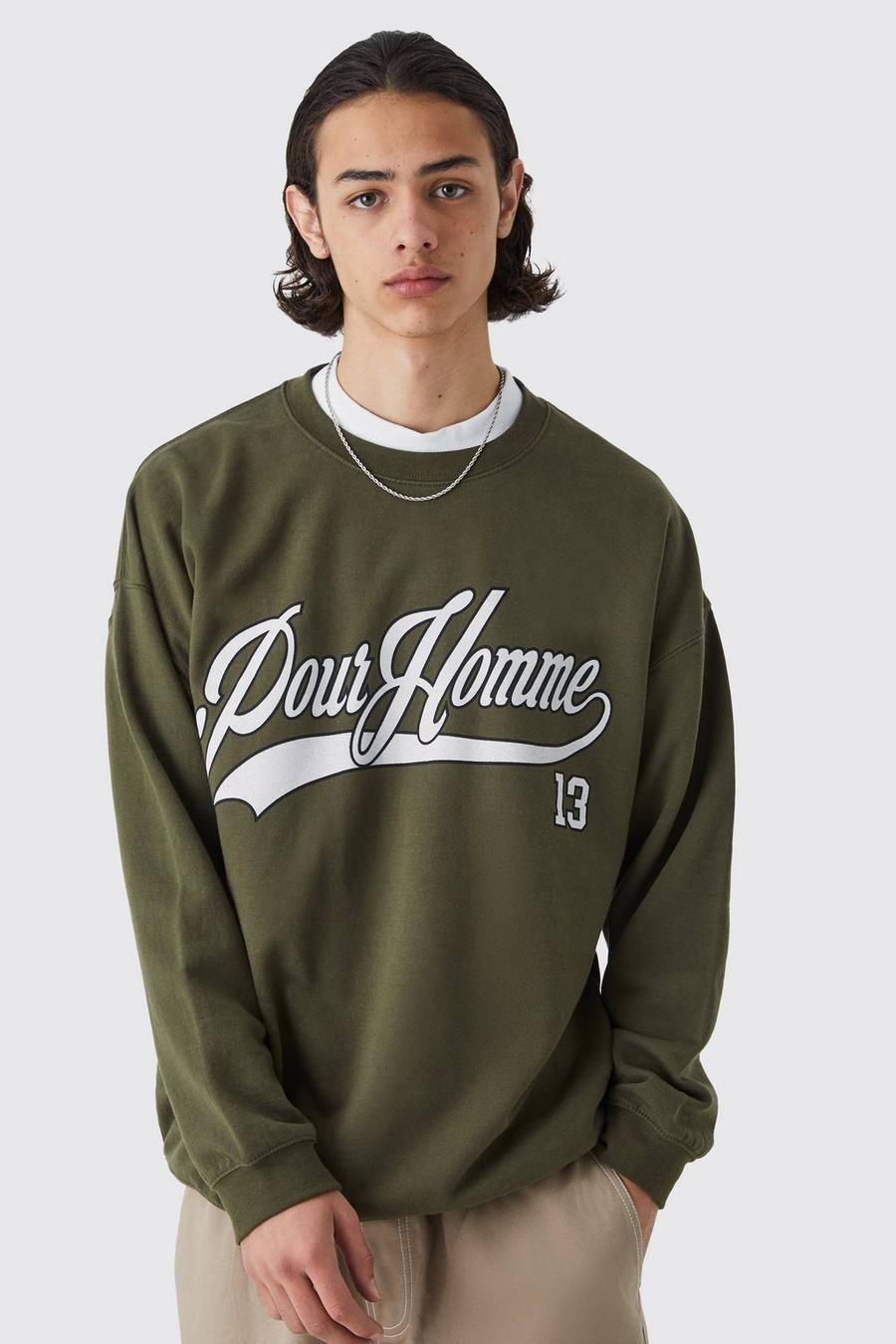 Oversize Sweatshirt mit Pour Homme Print, Khaki
