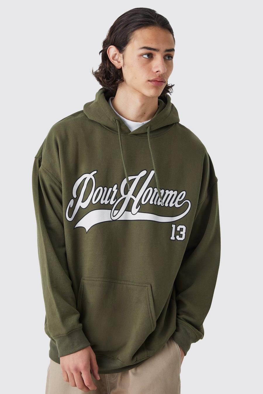 Khaki Oversized Pour Homme Graphic Hoodie