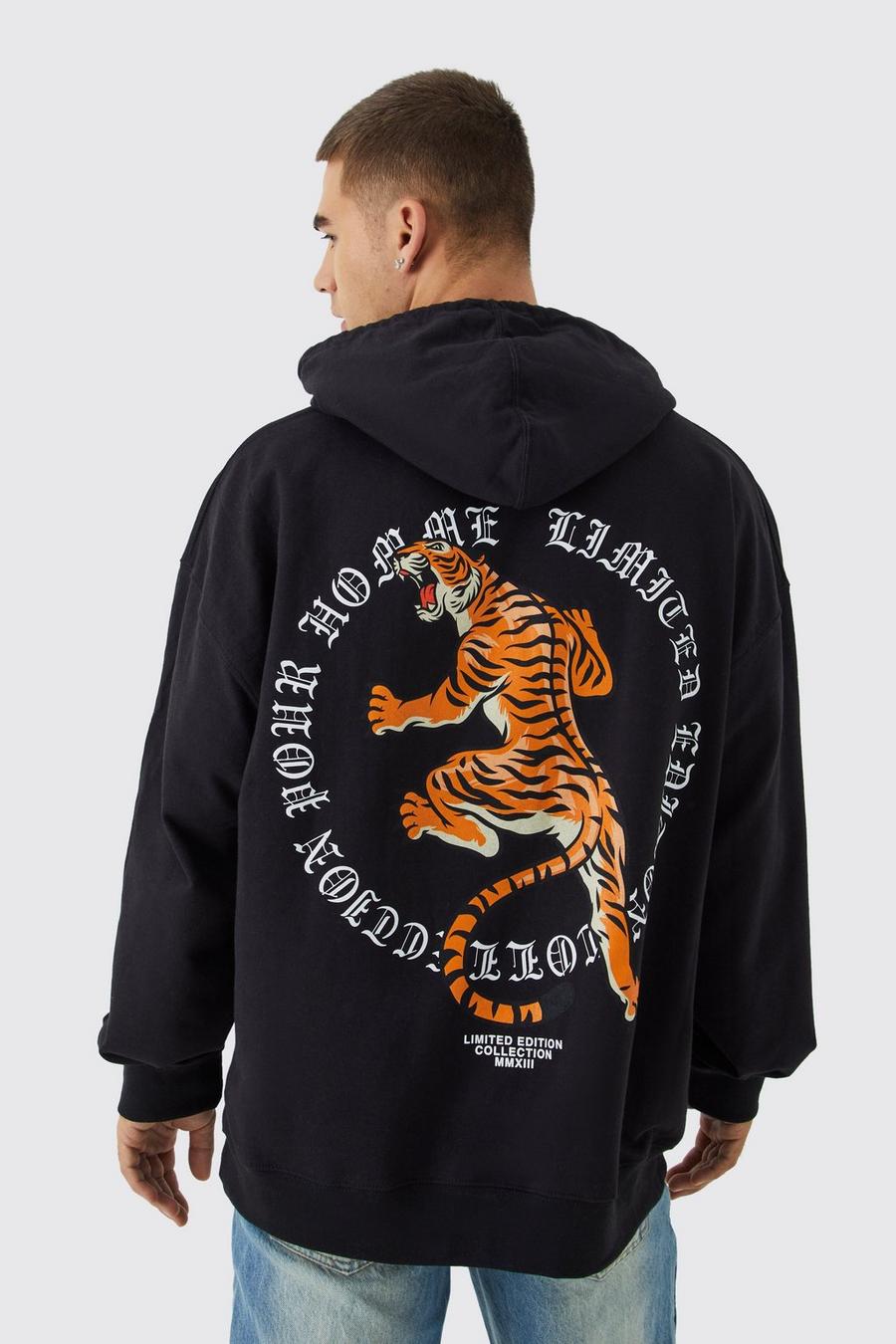 Sudadera oversize con capucha y estampado gráfico de tigre, Black