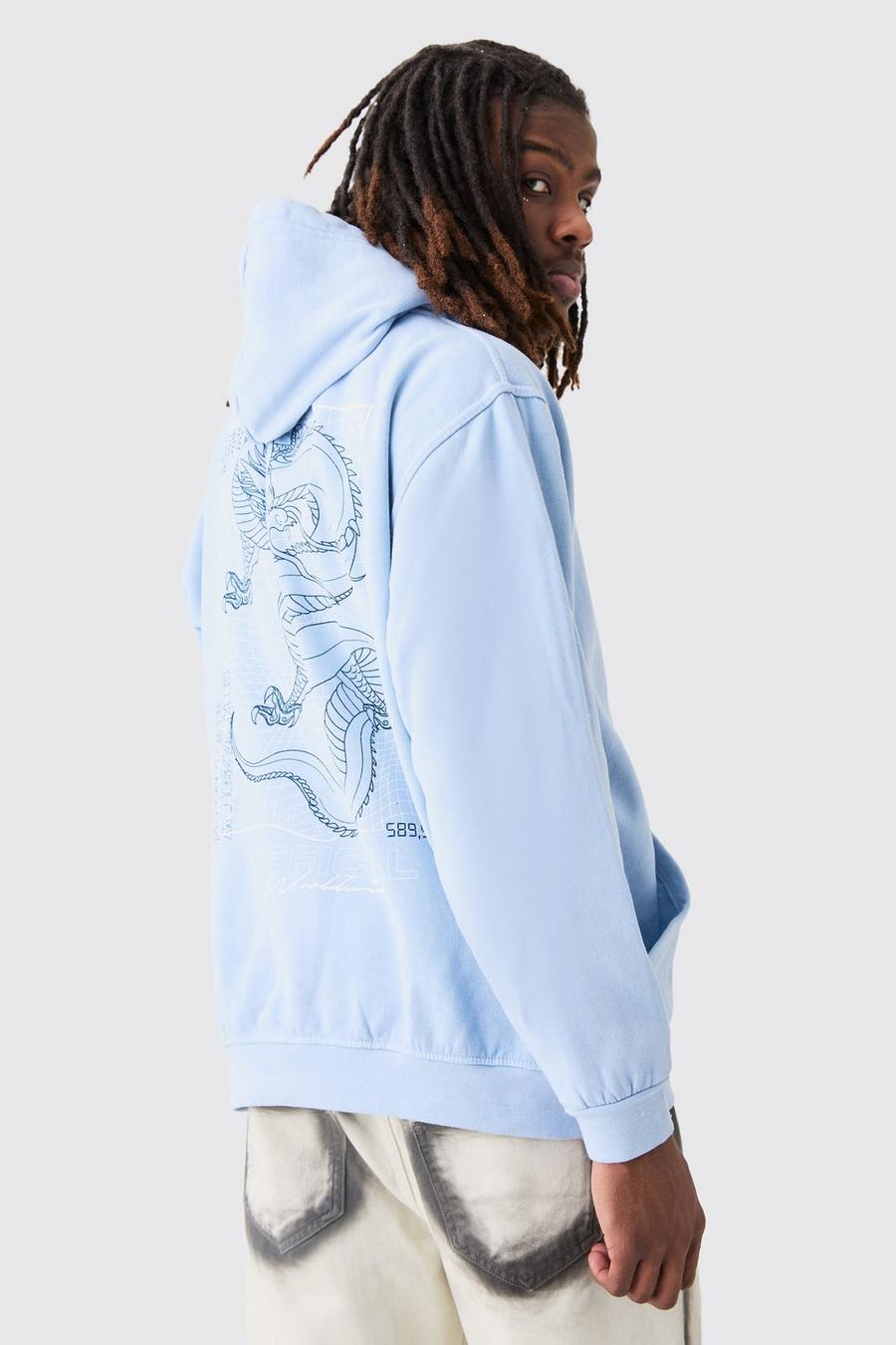 Blue Oversized Overdyed Dragon Graphic Hoodie