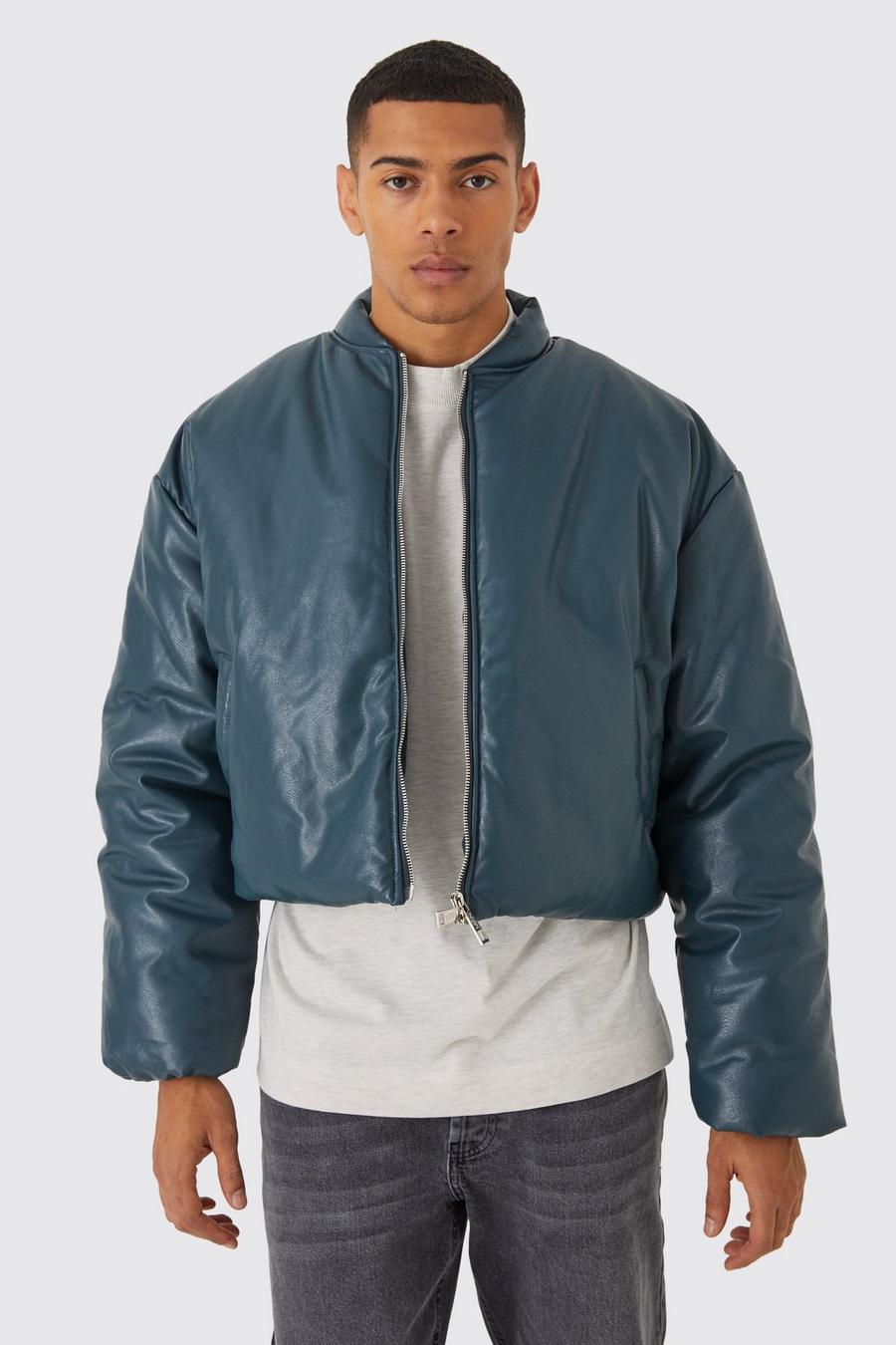 Teal Boxy Pu Volume Padded Puffer Bomber image number 1