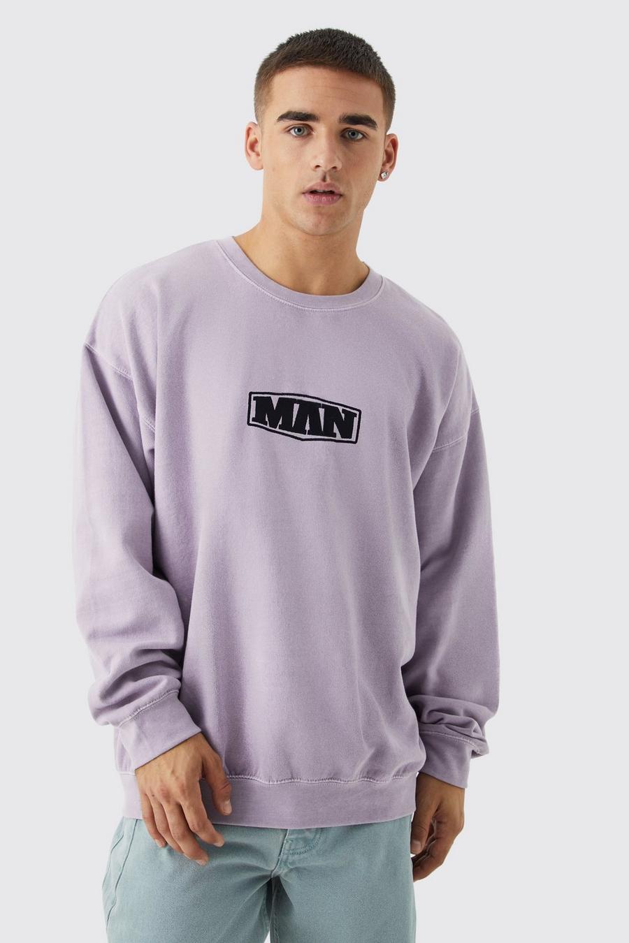 Oversize Sweatshirt mit Man-Stickerei und Acid-Waschung, Pale pink
