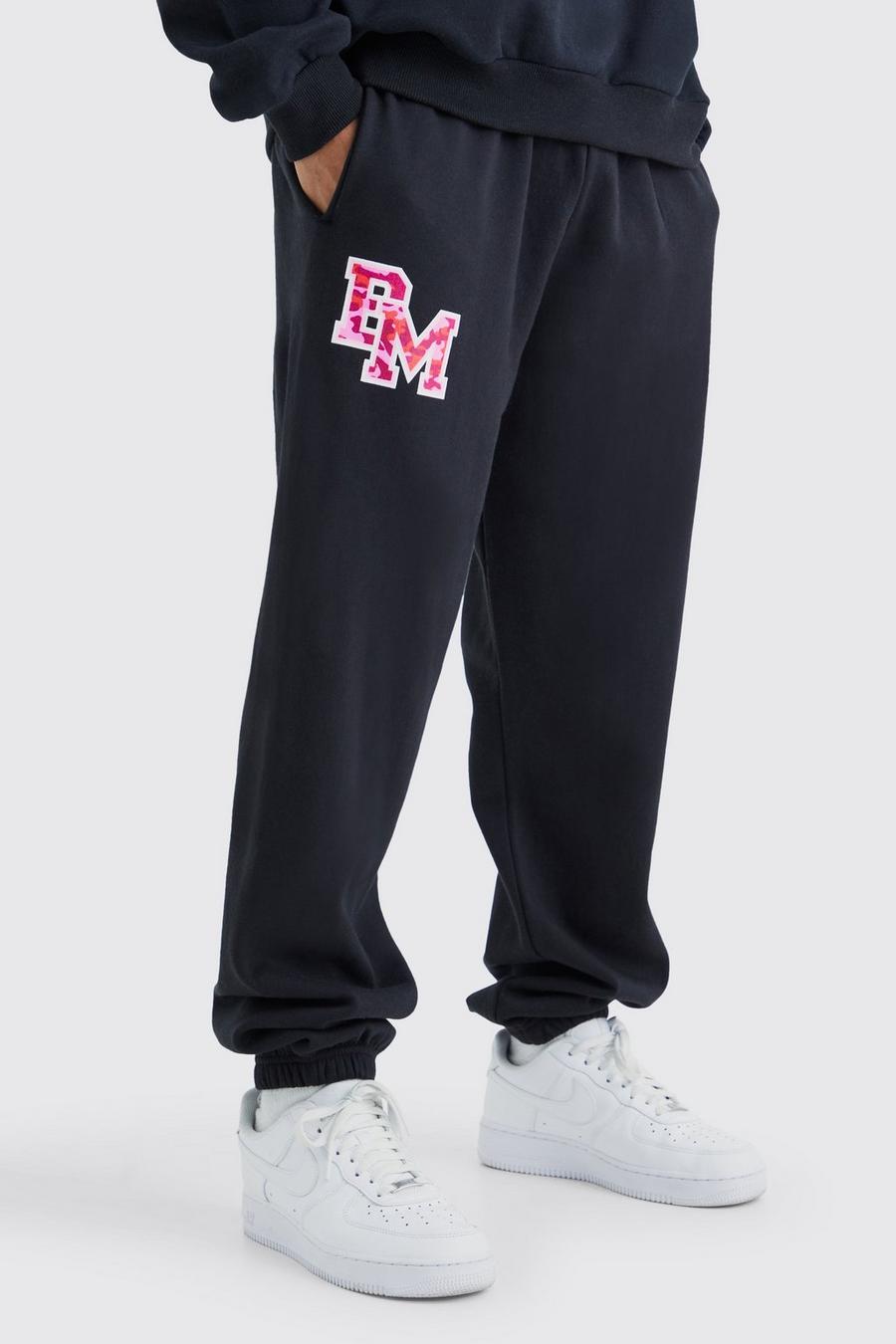 Pantaloni tuta oversize stile Varsity con grafica BM, Black image number 1