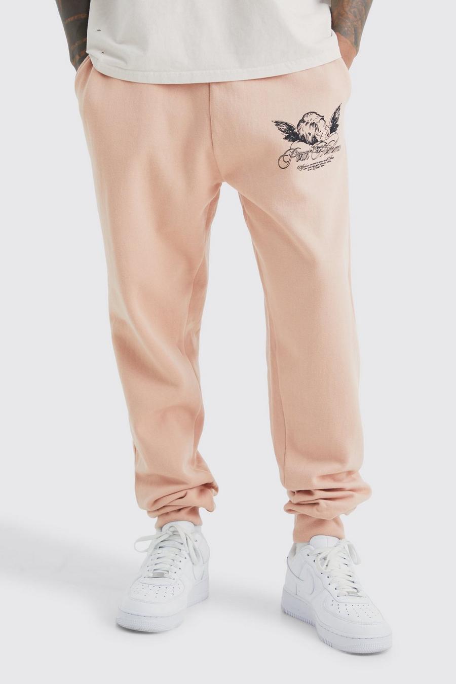 Pantalón deportivo oversize con estampado gráfico de ángel, Dusty pink