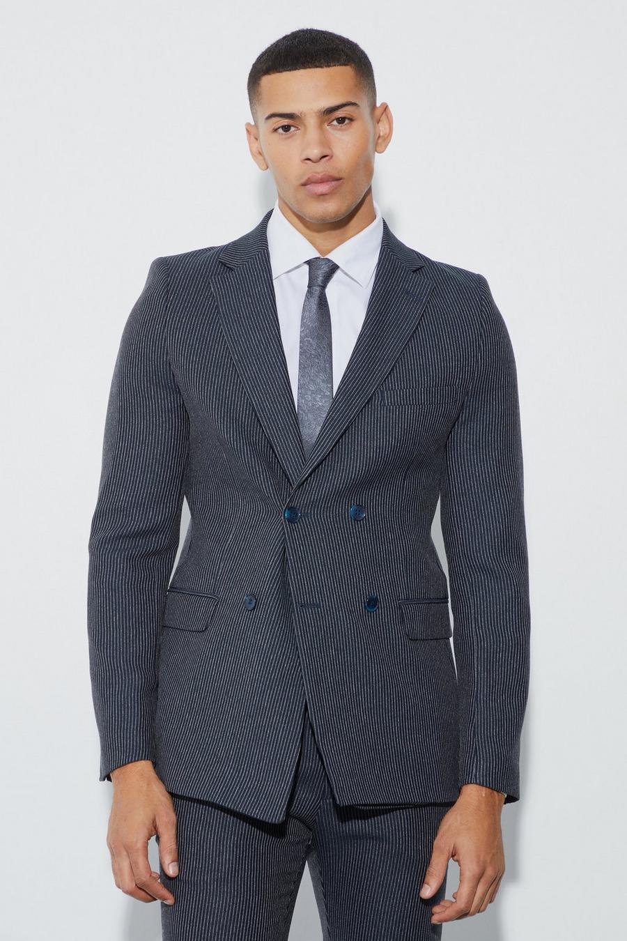 Navy Skinny Fit Double Breasted Pleat Texture Blazer