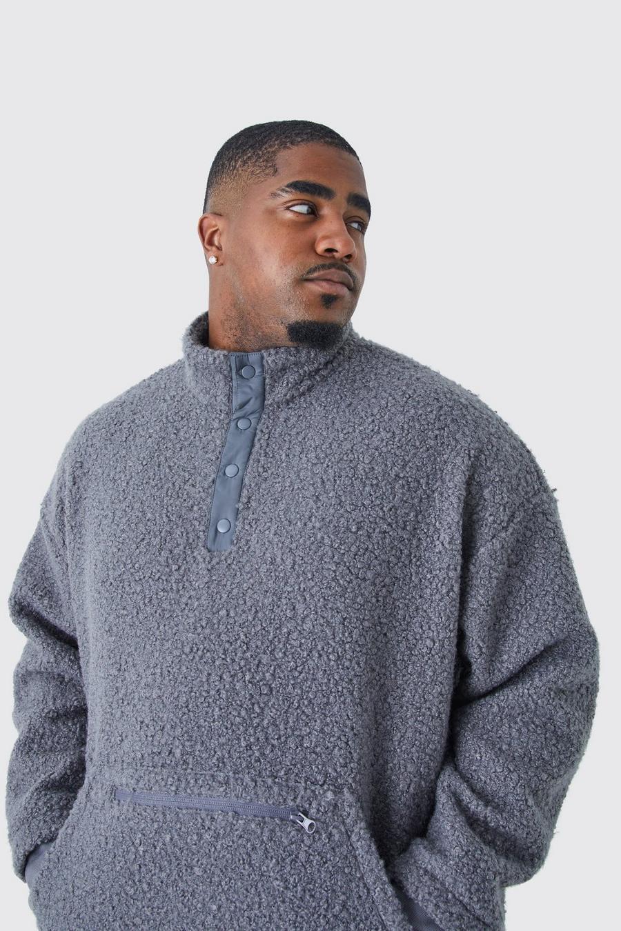 Plus Oversize Bouclee-Sweatshirt mit 1/4 Knopfleiste, Charcoal