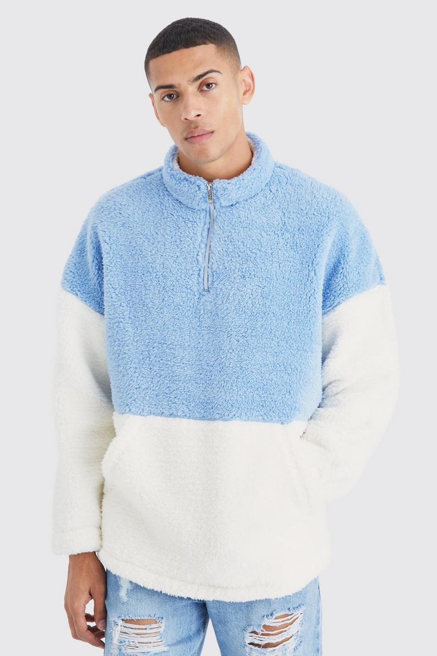 Light blue Oversized 1/4 Zip Boucle Borg Colour Block Sweatshirt