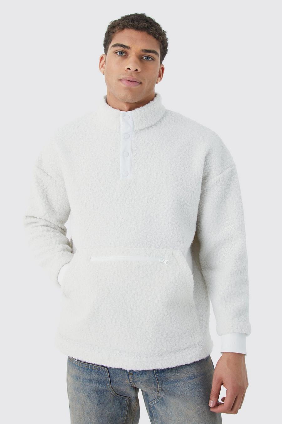 Oversize Bouclee Sweatshirt mit 1/4 Knöpfen und Trichterkragen, Ecru