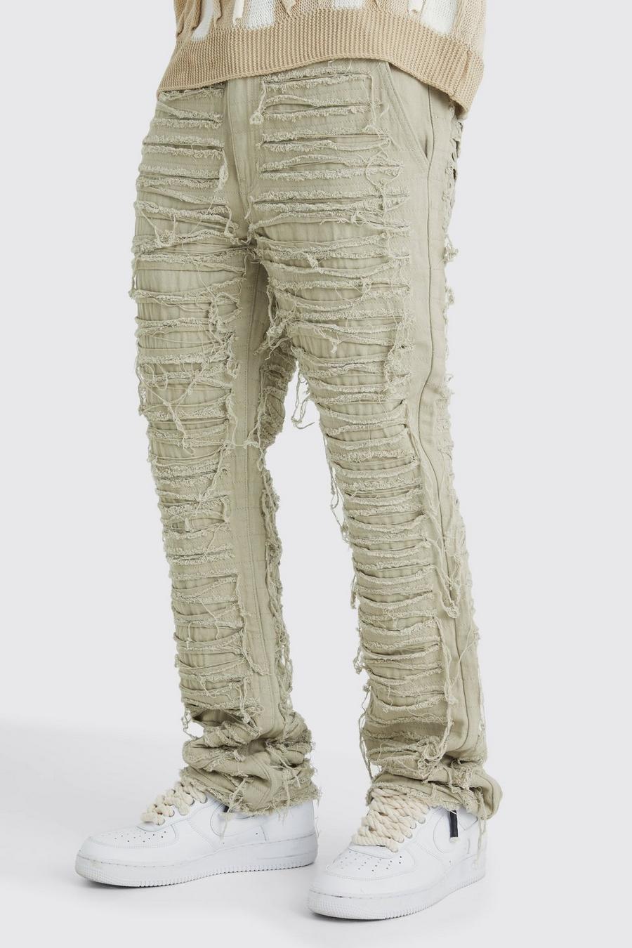 Stone Slim Flare Heavily Distressed Trouser
