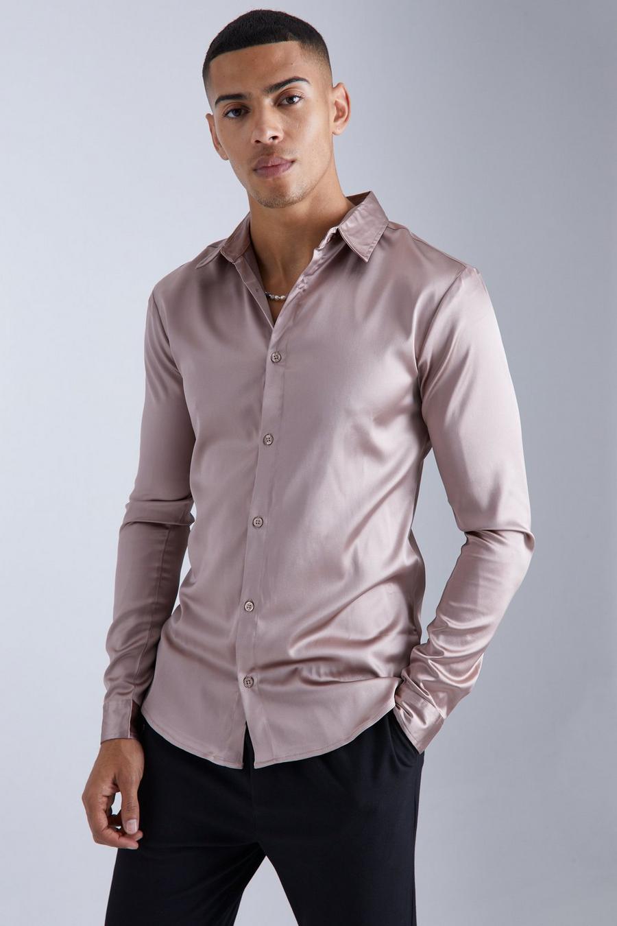 Taupe Long Sleeve Muscle Satin Shirt