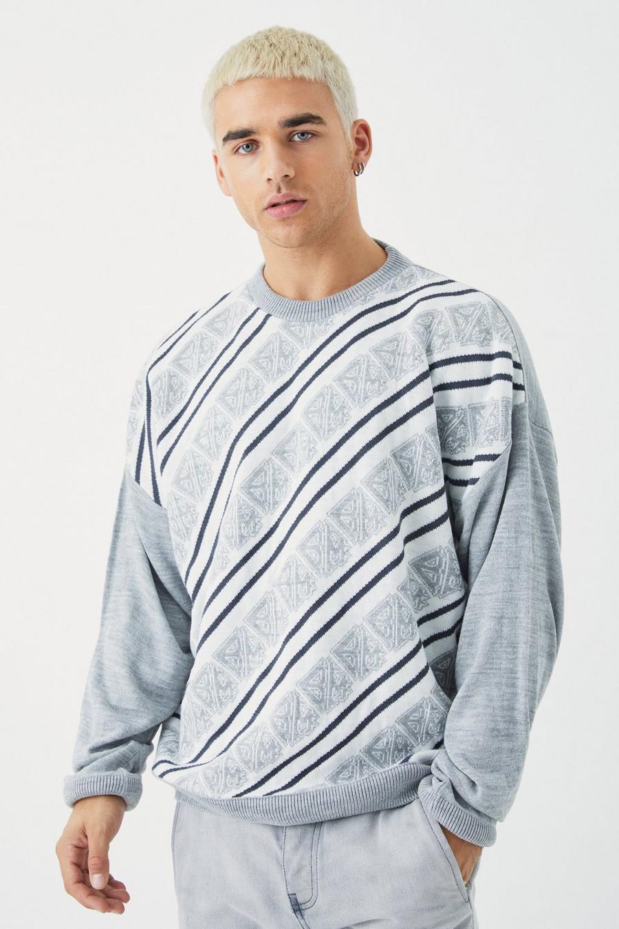 Maglione in maglia con monogramma e girocollo esteso, Grey