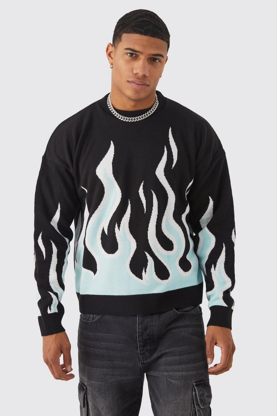 Black Boxy Flame Knitted Jumper