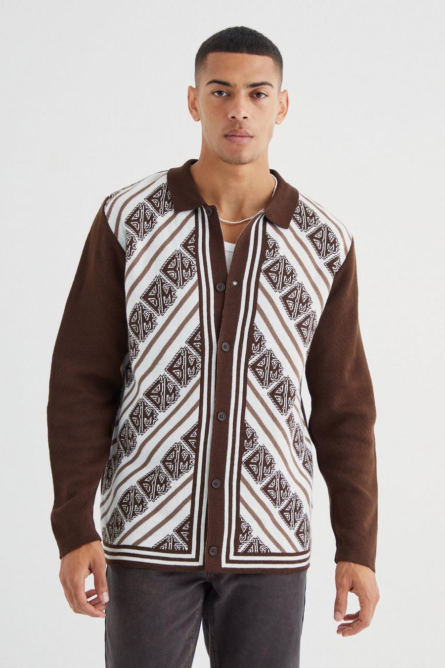 Maglione in maglia con monogramma e girocollo esteso, Chocolate
