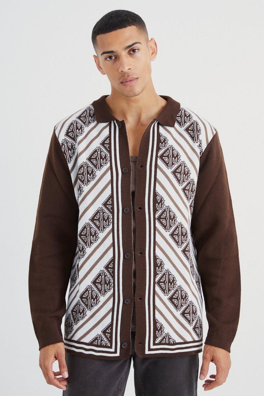 Chocolate Long Sleeve Rib Collar Jacquard Knit Shirt