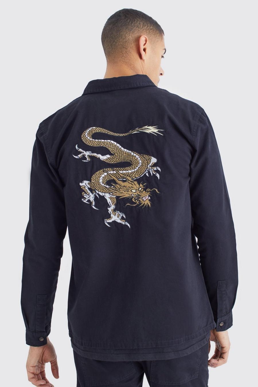 Black Geborduurd Keperstof Dragon Overhemd Met Lange Mouwen