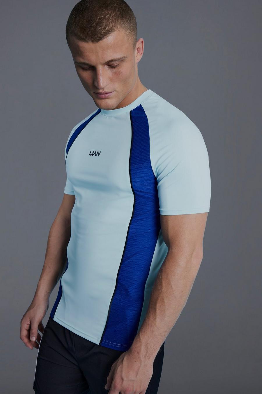T-shirt Man Active a blocchi di colore con pannelli, Light blue