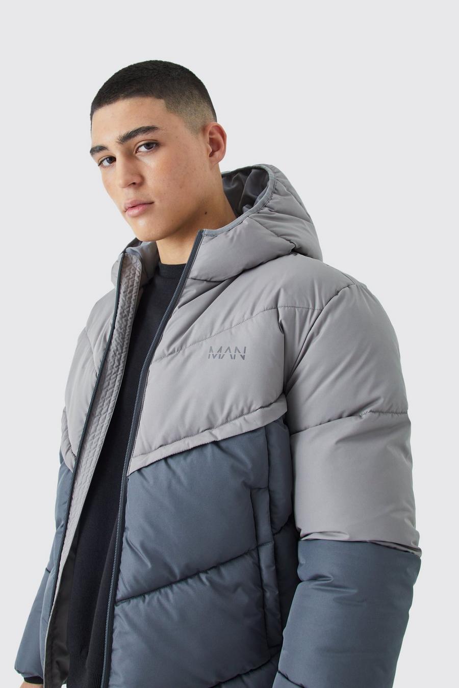 Grey Man Colour Block Quilted Puffer With Hood