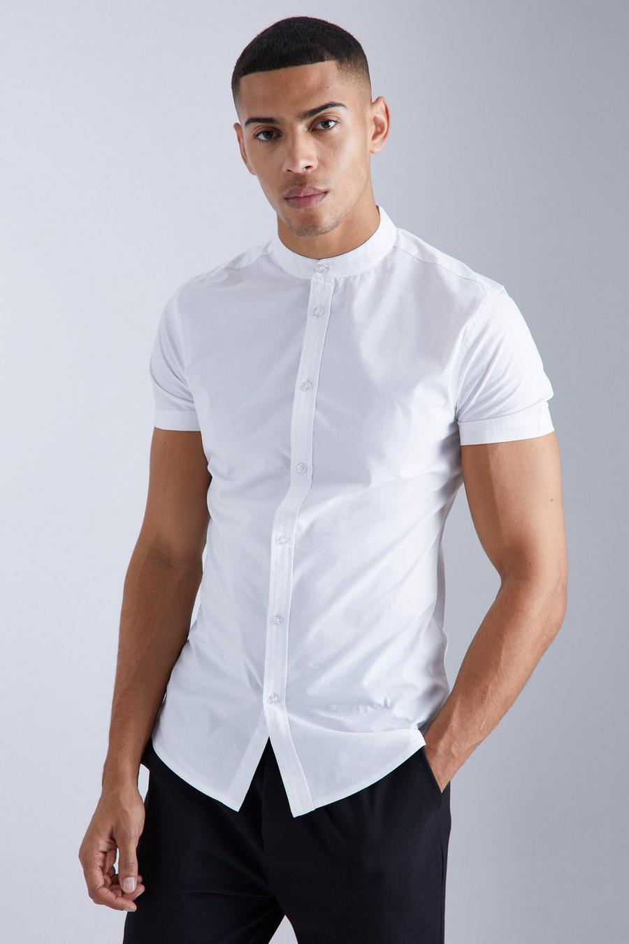 White Short Sleeve Grandad Collar Stretch Shirt
