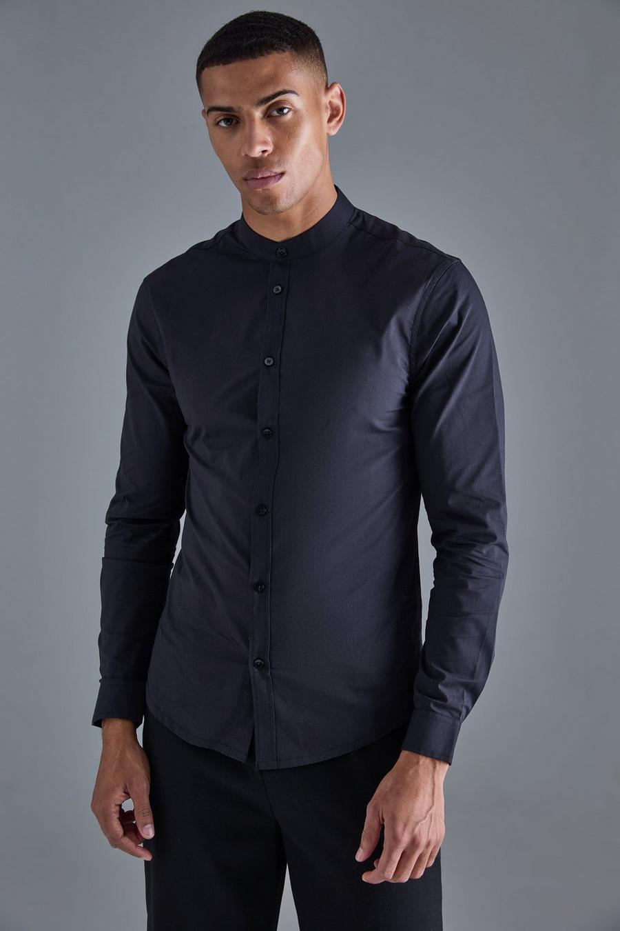 Black Long Sleeve Grandad Collar Slim Shirt image number 1