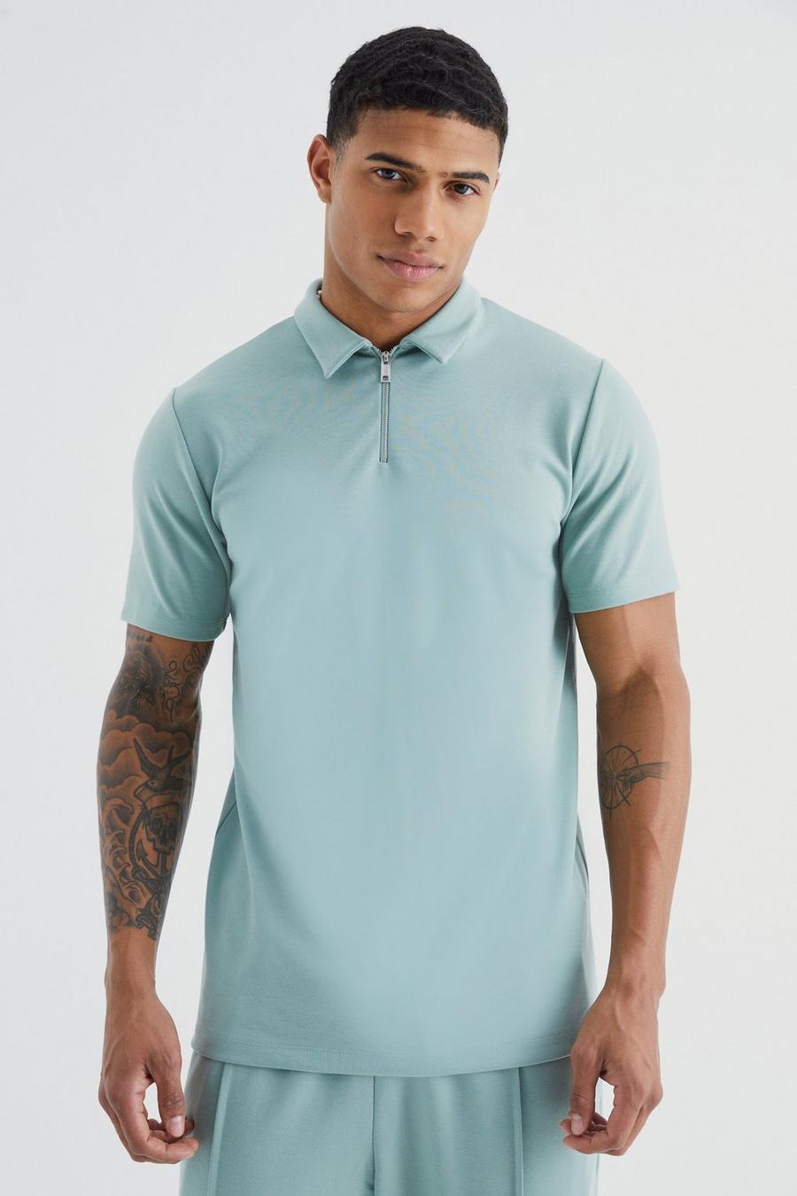 Kurzärmliges Slim-Fit Poloshirt mit 1/4 Reißverschluss, Light green image number 1