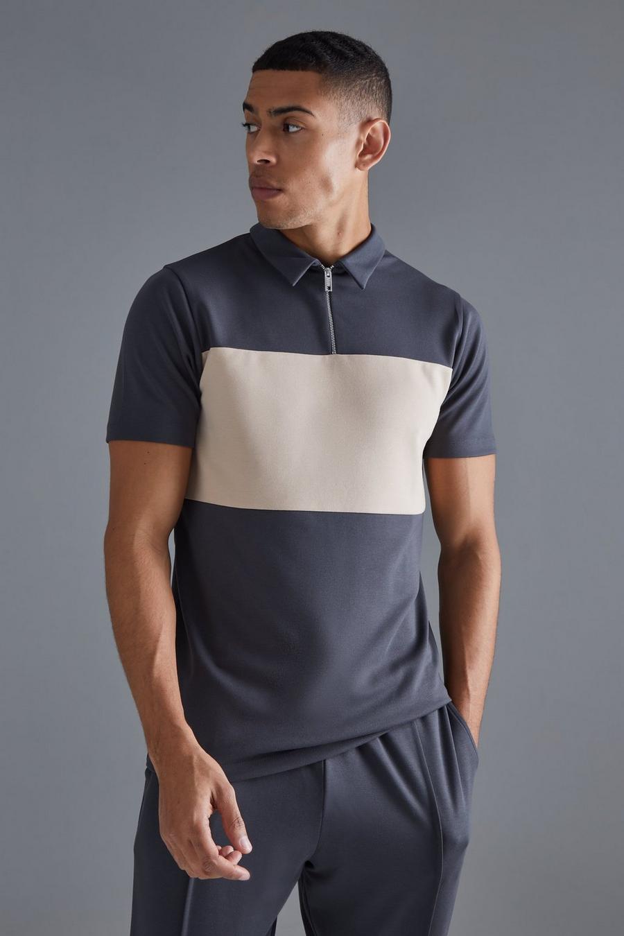 Dark grey Slim Fit Color Block Polo Met Korte Rits En Korte Mouwen