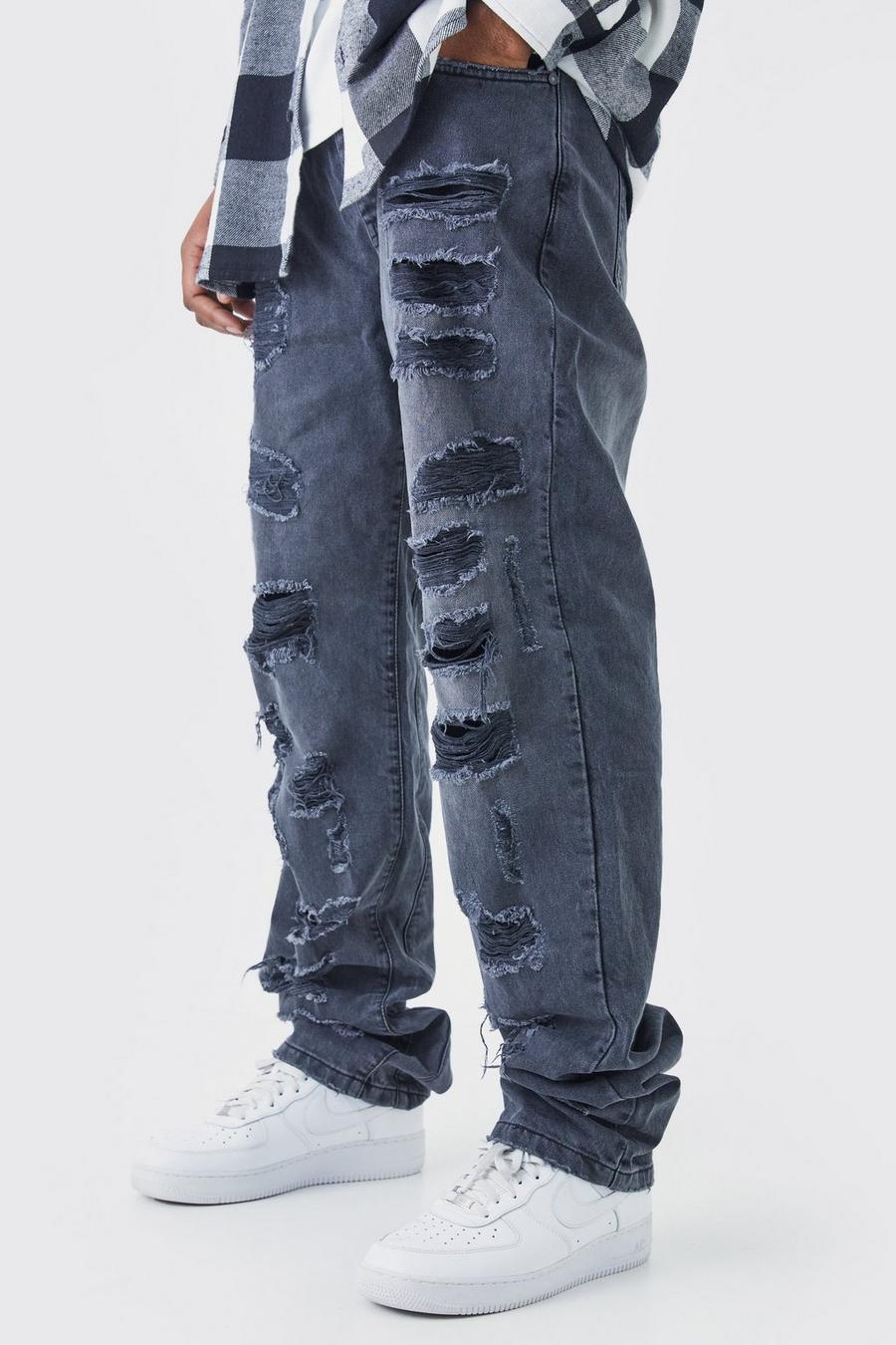Tall lockere Jeans mit extremen Rissen, Washed black