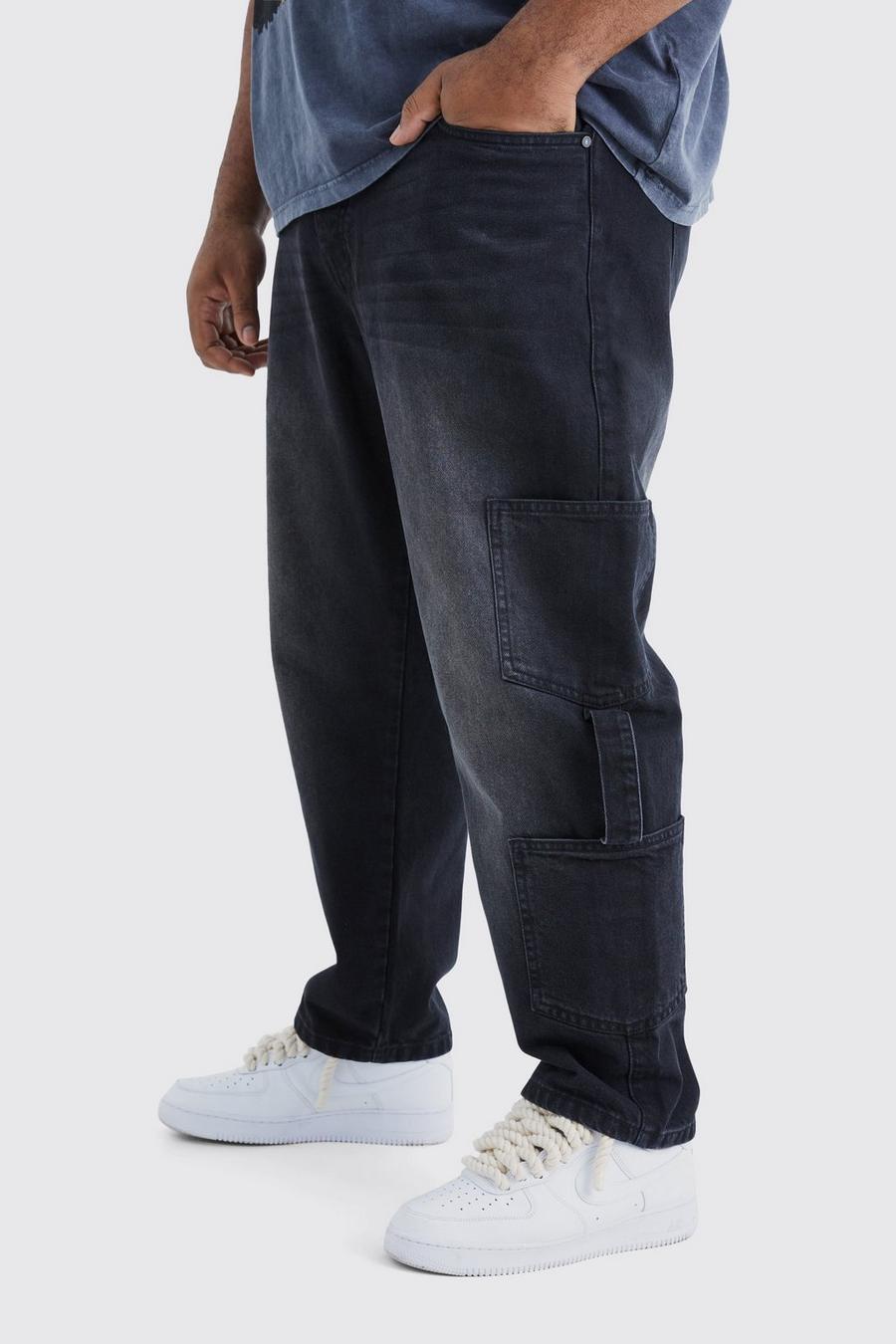 Washed black Plus Tapered Rigid Cargo Strap Jean