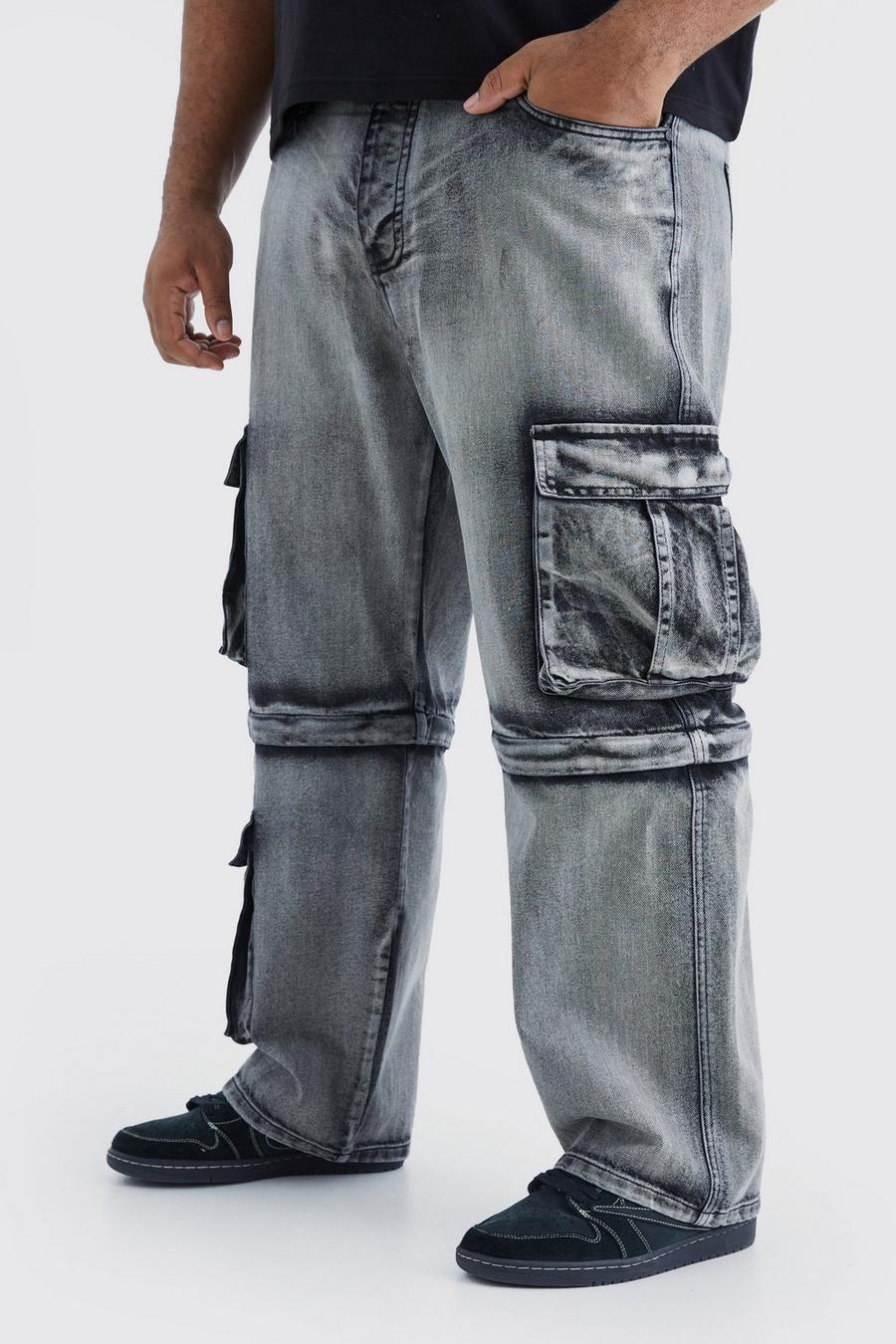 Plus lockere Cargo-Jeans mit Reißverschluss, Washed black