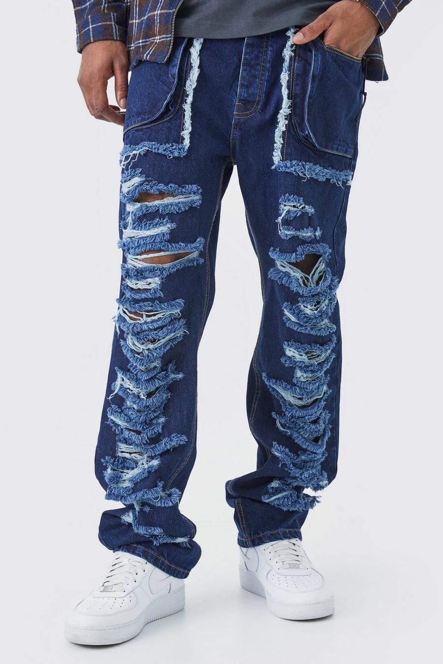 Indigo Tall Onbewerkte Versleten Gescheurde Baggy Jeans Met Cargo Zakken