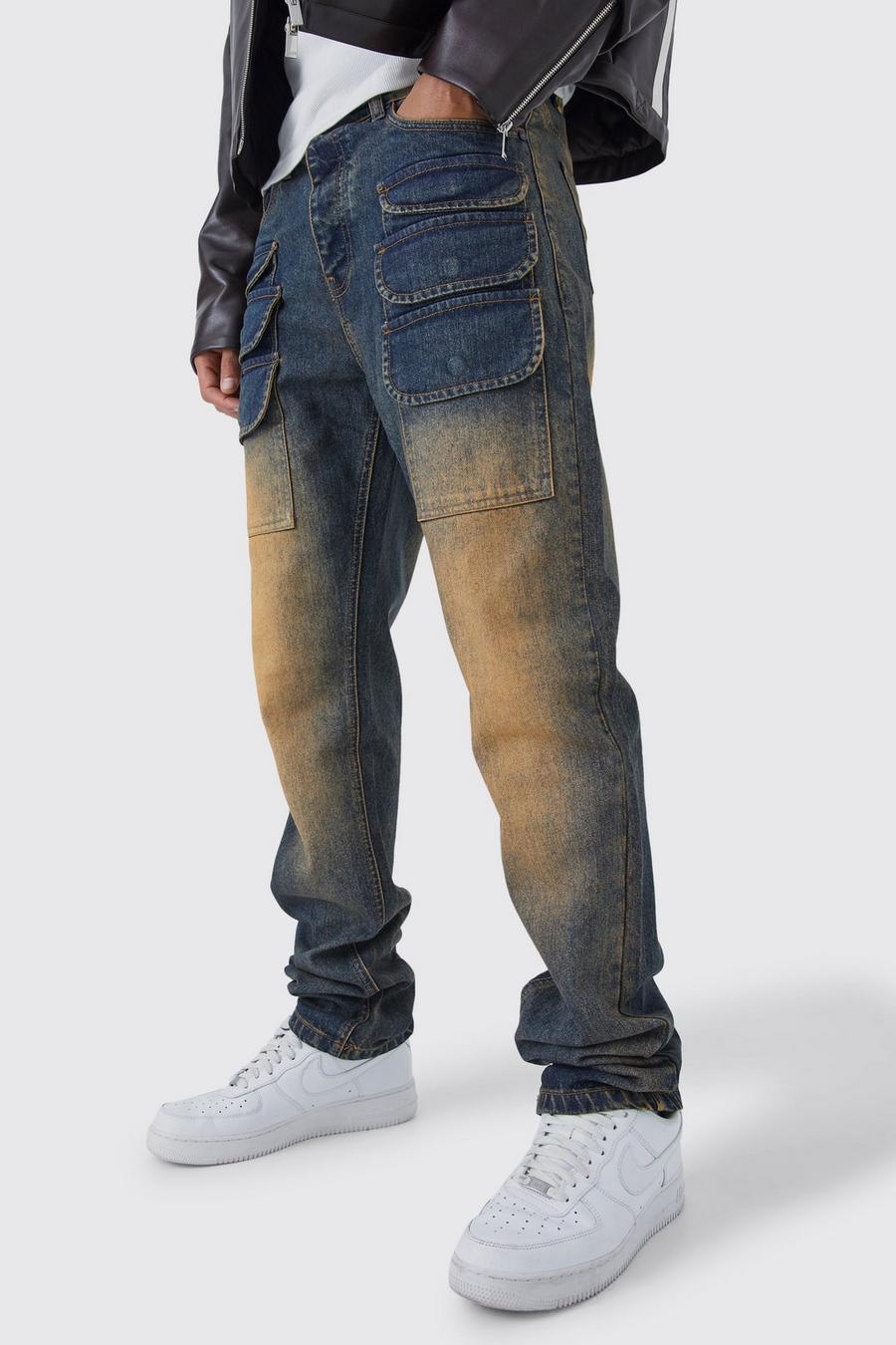Jeans Cargo Tall dritti in denim rigido colorato con strappi, Antique wash