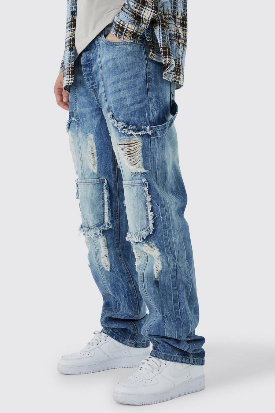 Jeans Cargo Tall rilassati in denim rigido con strappi, Antique blue