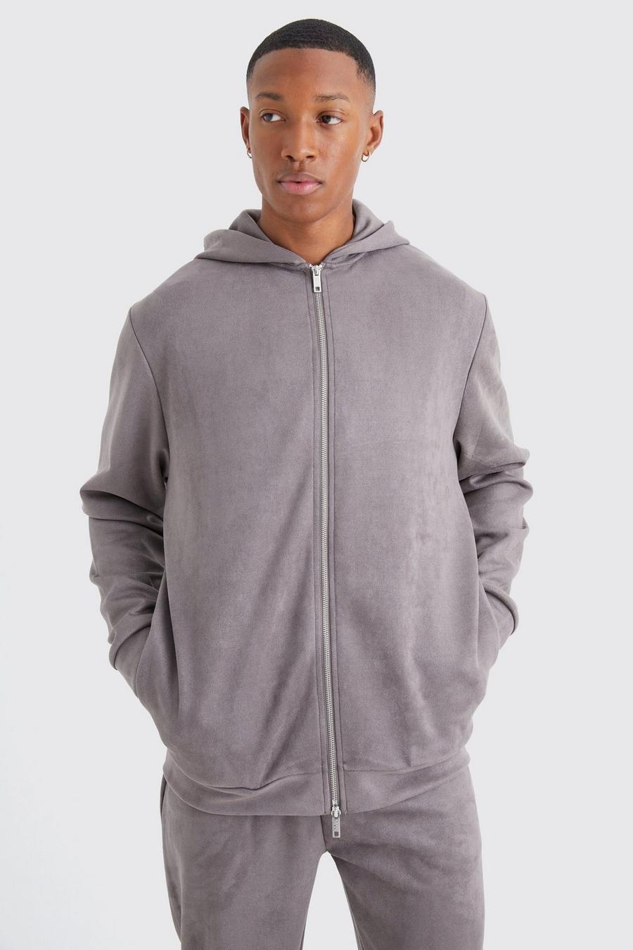 Taupe Faux Suede Zip Through Hoodie