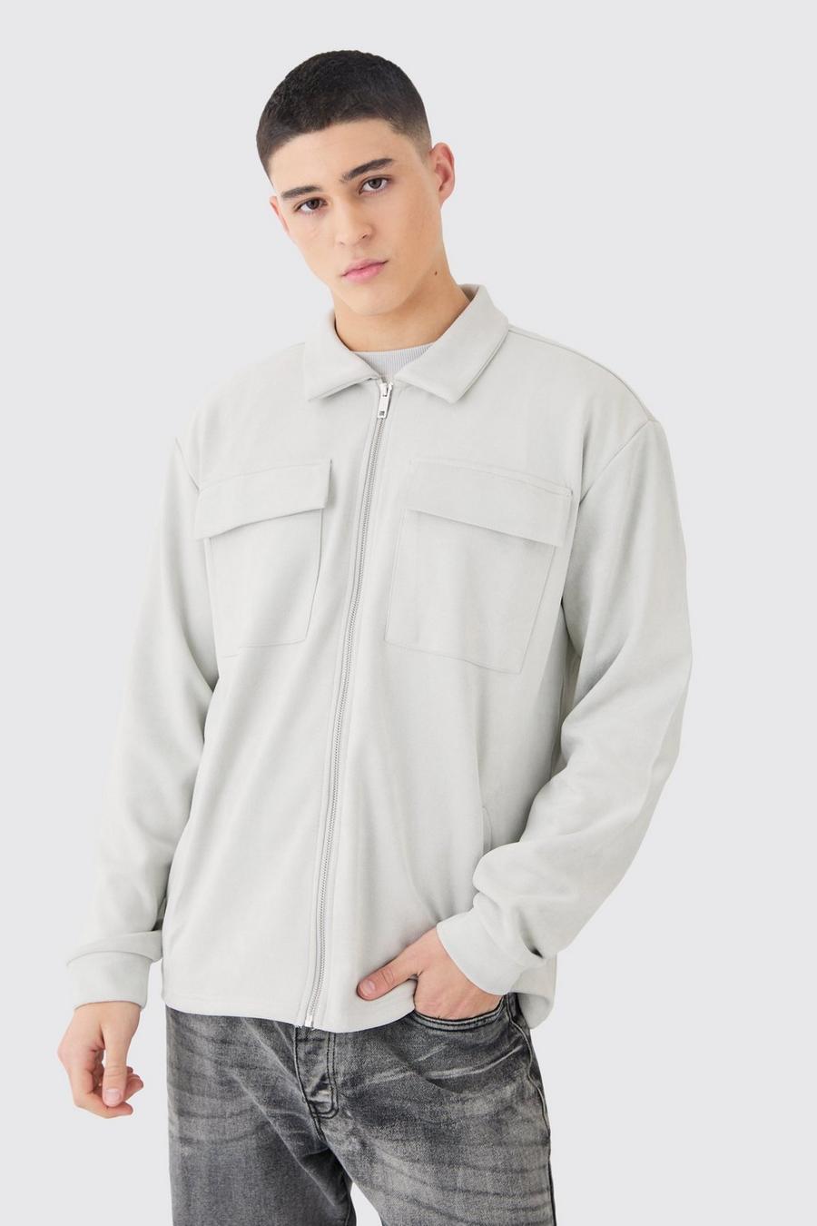 Pale grey Faux Suede Zip Smart Overshirt