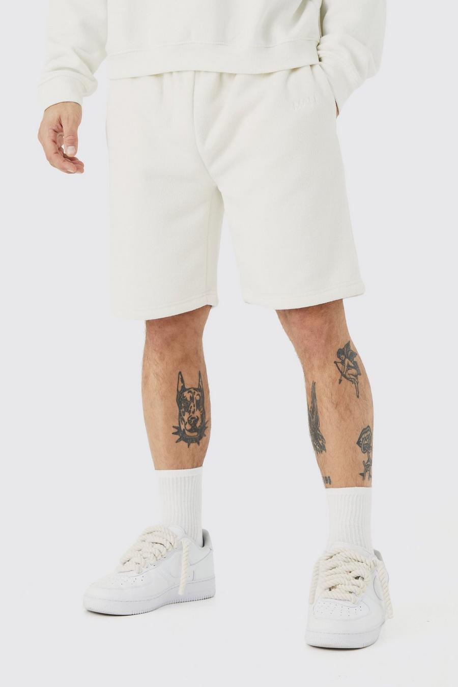 White Loose Mid Length Bonded Microfleece Shorts