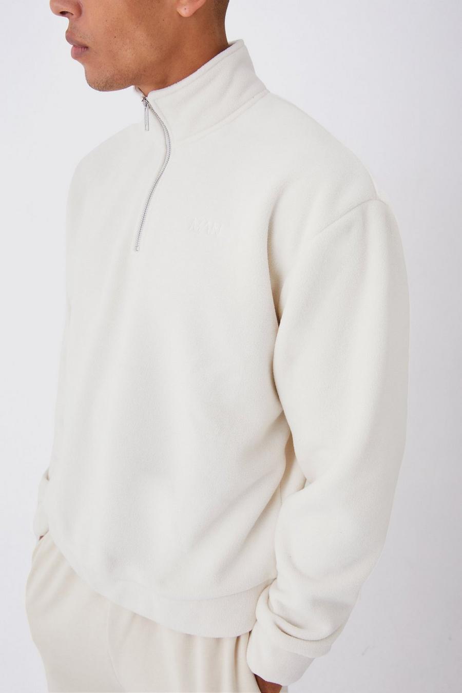 Kastiges Oversize Microfleece Man Sweatshirt mit 1/4 Reißverschluss, White