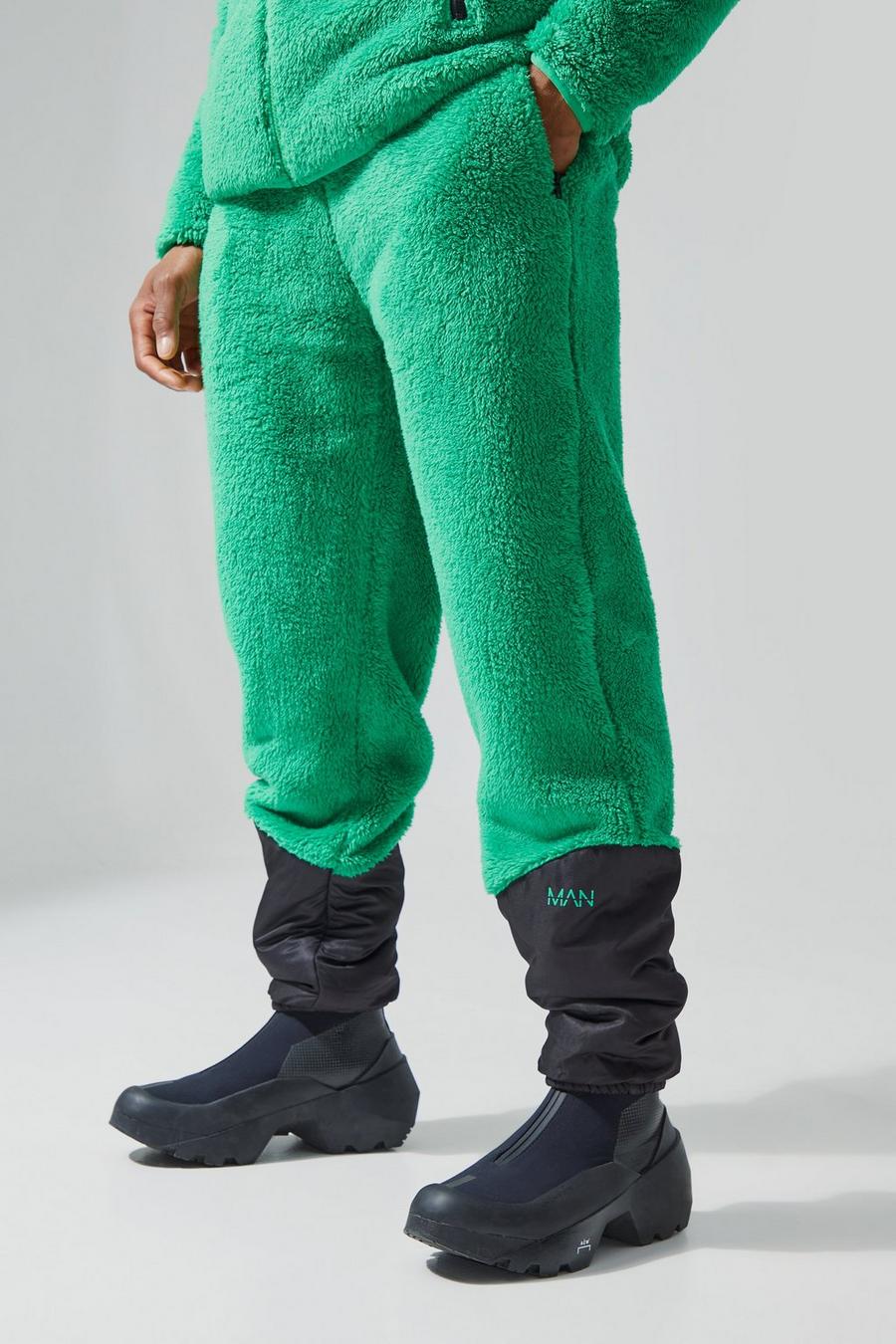 Pantaloni tuta rilassati in pile borg con polsini elasticizzati, Green