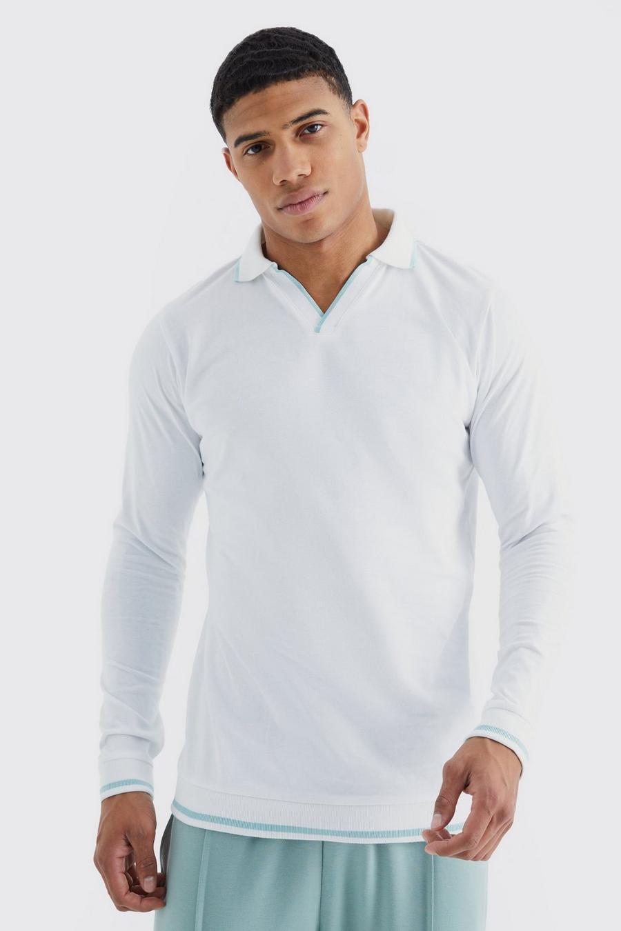 Langärmliges Poloshirt mit V-Ausschnitt, White