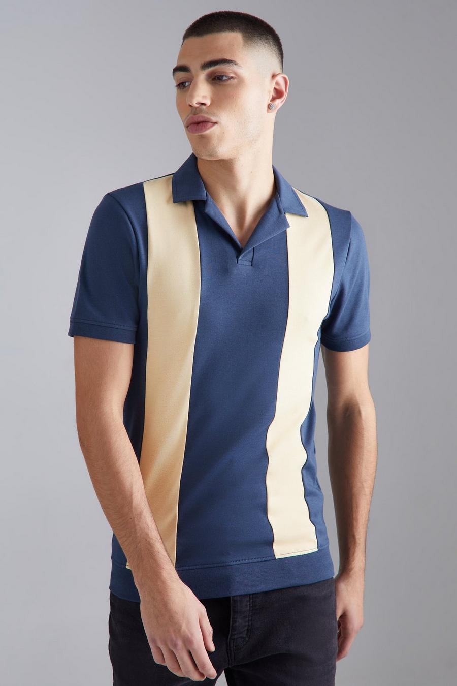 Navy Muscle Fit Colour Block Interlock Polo