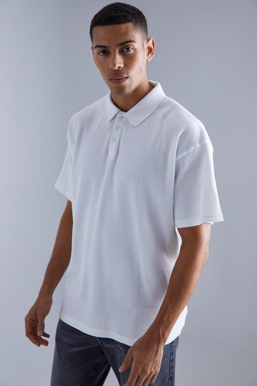 Oversize Poloshirt in Waffeloptik, White