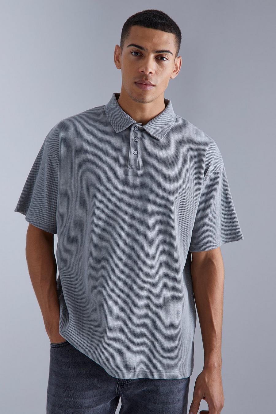 Oversize Poloshirt in Waffeloptik, Grey